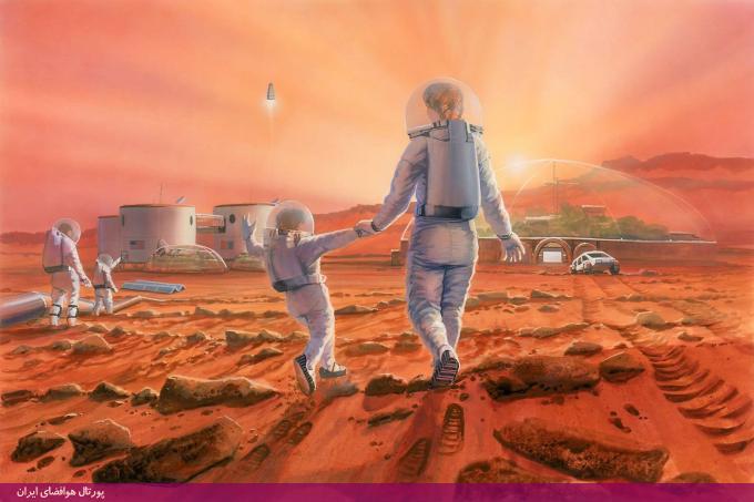 یک خانواده در حال بازیگوشی روی سطح مریخ در یک تصویرسازی. تصویرسازی از رابرت موری / انجمن مریخ (منبع تصویر National Geographic)